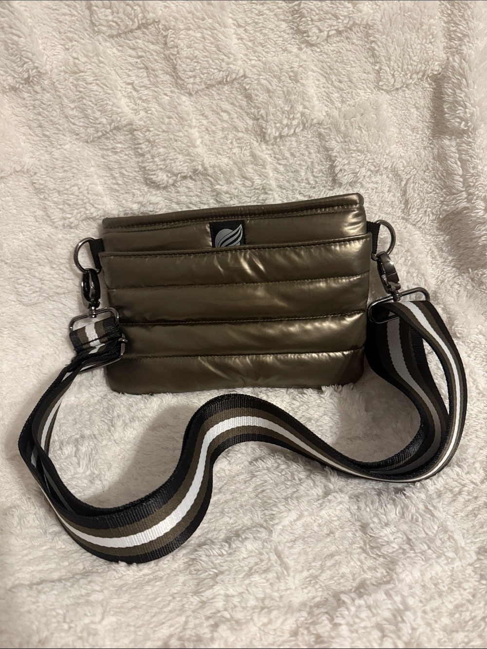 THINK ROYLN Olive Green Quilted Crossbody with Striped Removable Strap